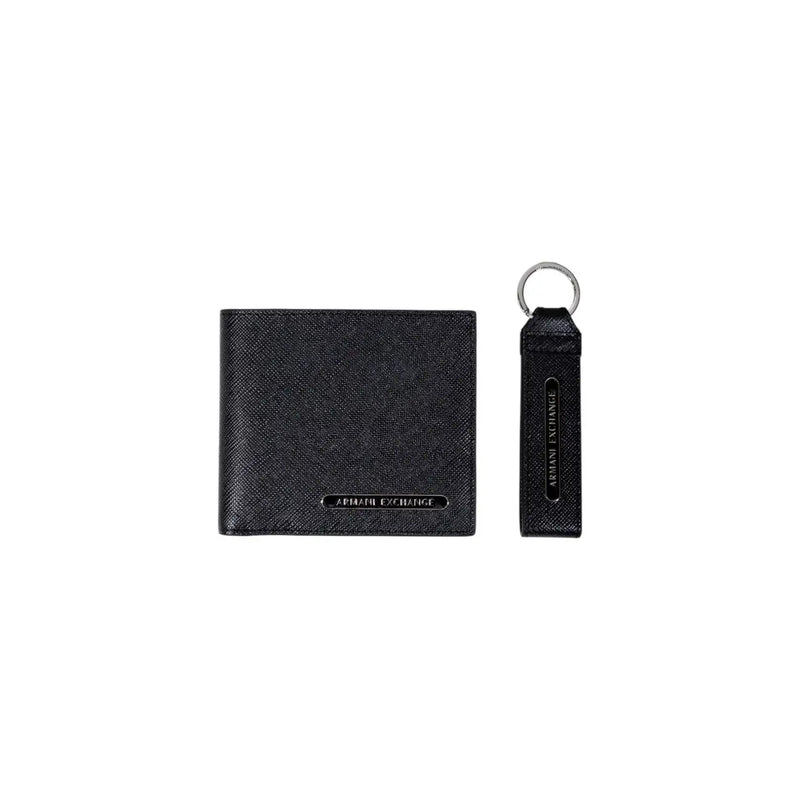 Armani Exchange men leather wallet and keychain set in black textured leather measuring 10x11x2 cm