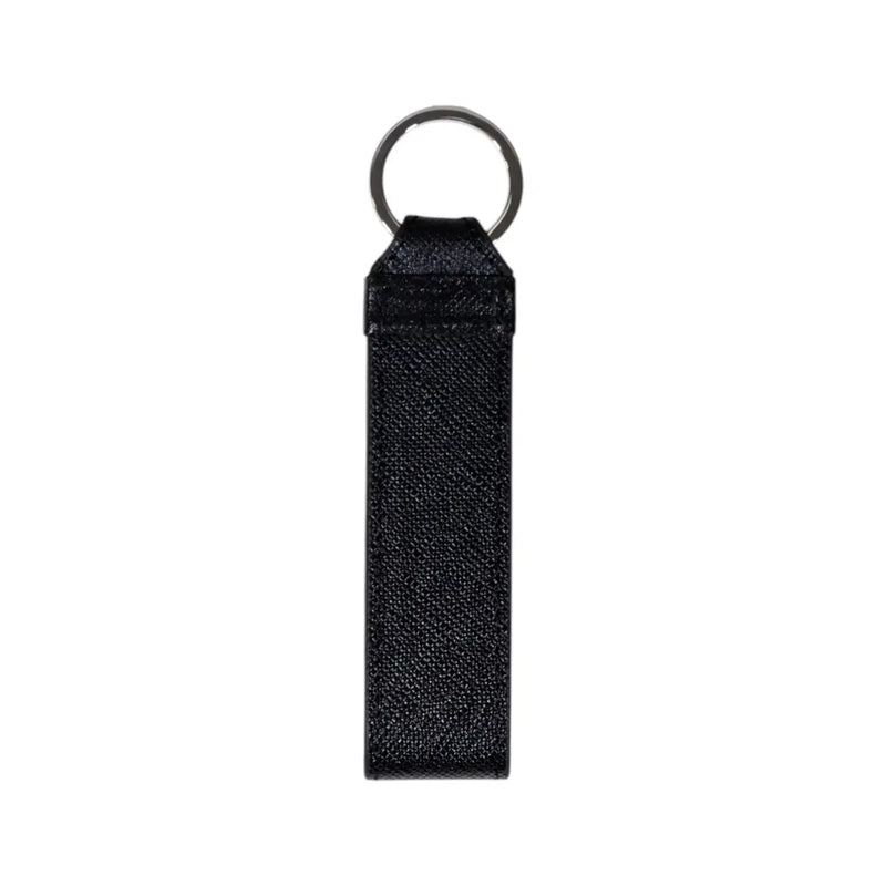 Black textured fabric keychain with metallic ring paired with armani exchange men leather wallet black 10x11x2