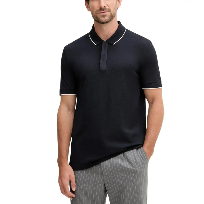 Armani Exchange men polo black short sleeve cotton shirt with white trim on collar and sleeve cuffs