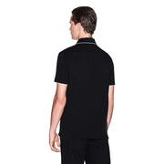 Armani Exchange men polo black short sleeve cotton shirt with white trim on collar and sleeve cuffs