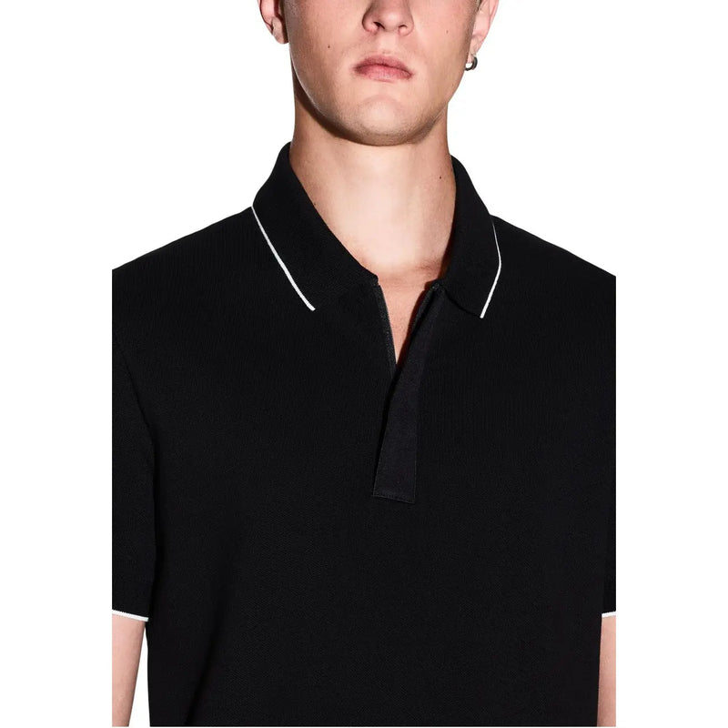 Armani Exchange men polo black short sleeve cotton shirt with white contrast trim on collar and sleeve cuffs