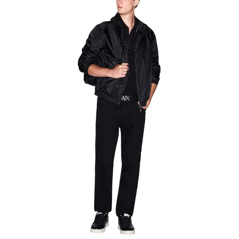 Black textured bomber jacket with subtle sheen and ribbed cuffs suitable for mens polo short sleeve cotton wear