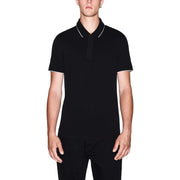 Armani Exchange men polo black short sleeve cotton shirt with white trim on collar and sleeve cuffs front view
