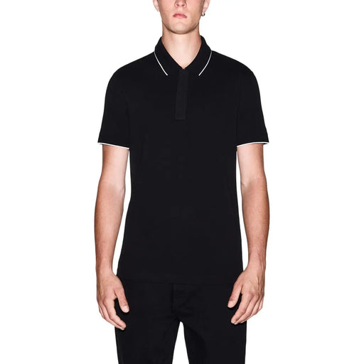 Armani Exchange men polo black short sleeve cotton shirt with white trim on collar and sleeve cuffs front view