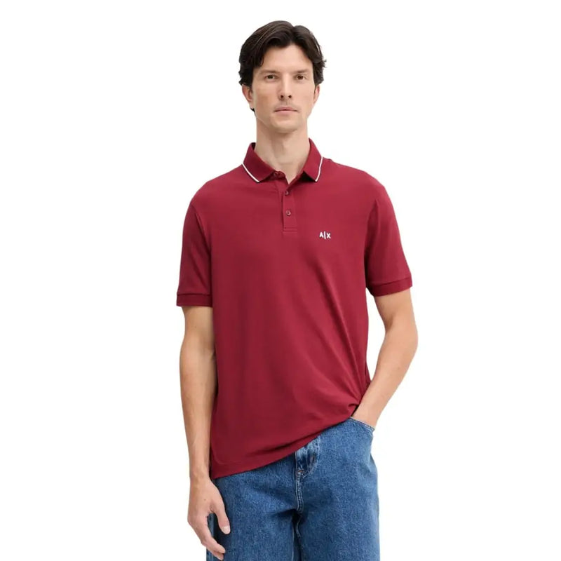 Armani Exchange Polo homme marron en coton à manches courtes avec bordure blanche et logo brodé sur la poitrine gauche