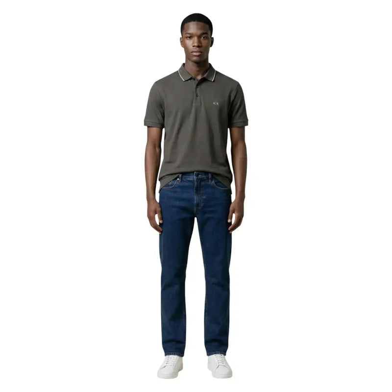 Armani Exchange Polo homme marron en coton à manches courtes, vert olive foncé, avec bordures blanches et logo brodé sur la poitrine
