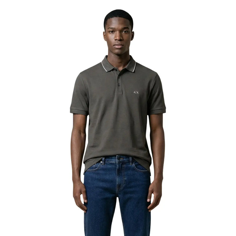 Armani Exchange men polo brown cotton short sleeve with dark olive green and white trim featuring a small a x logo