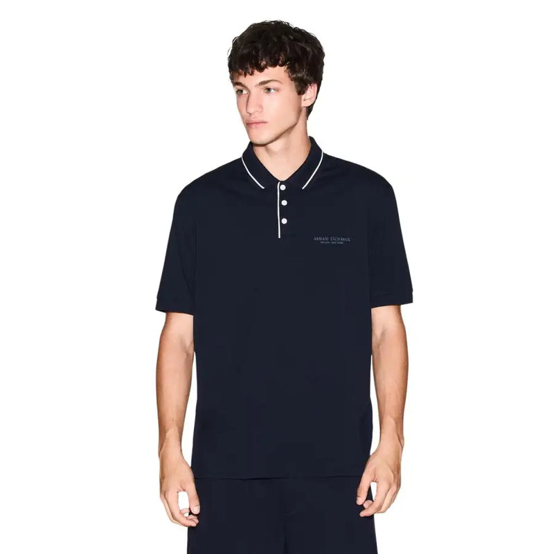 Armani Exchange Polo homme bleu marine à manches courtes en coton et élasthanne avec finitions et boutons blancs