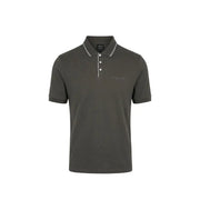 Armani Exchange Polo homme marron à manches courtes en coton élasthanne avec col et patte de boutonnage en tissu vert olive foncé et bordures blanches.