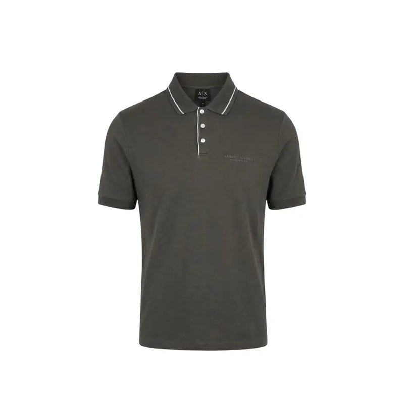 Armani Exchange Polo homme marron à manches courtes en coton élasthanne avec col et patte de boutonnage en tissu vert olive foncé et bordures blanches.
