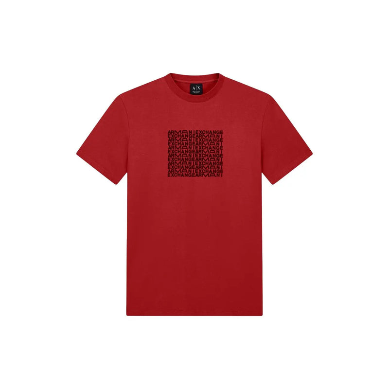 Armani Exchange T-shirt rouge en coton pour homme, manches courtes, avec un motif texte noir sur la poitrine.