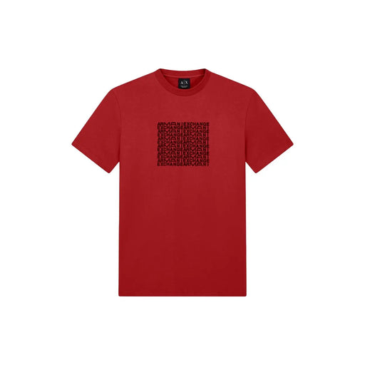 Armani Exchange T-shirt rouge en coton pour homme, manches courtes, avec un motif texte noir sur la poitrine.