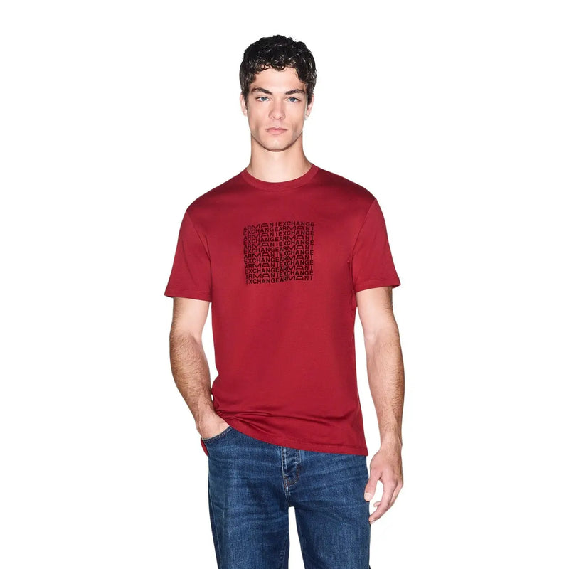 Armani Exchange T-shirt rouge en coton pour homme avec un motif d'échange de lettres noir sur la poitrine