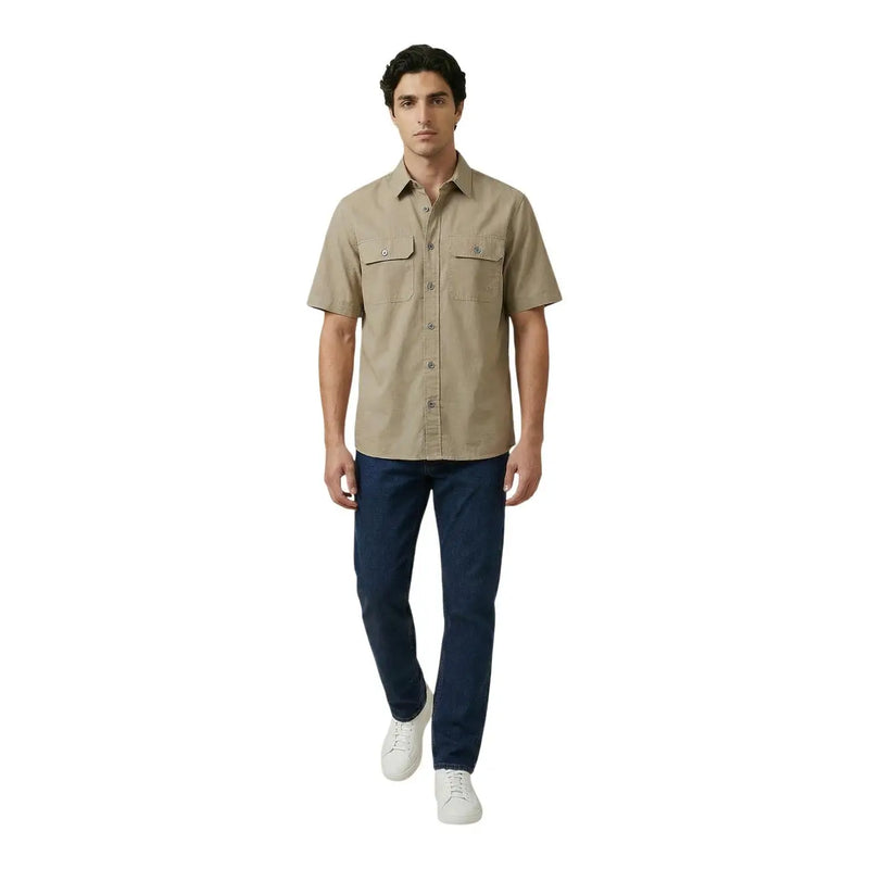 Beige short-sleeved button-up Armani Exchange men shirt with two chest pockets and a classic collar