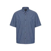 Armani Exchange Chemise homme bleue à manches courtes boutonnée, en tissu texturé discret avec petit logo brodé sur la poitrine