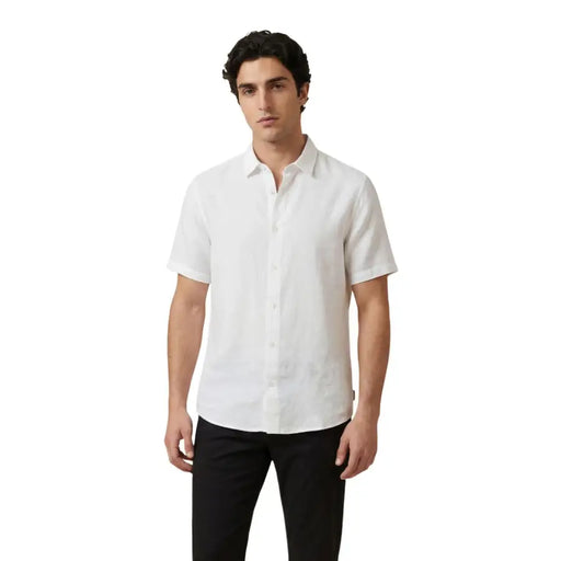 Armani Exchange Chemise blanche à manches courtes pour homme, boutonnée, en tissu texturé léger