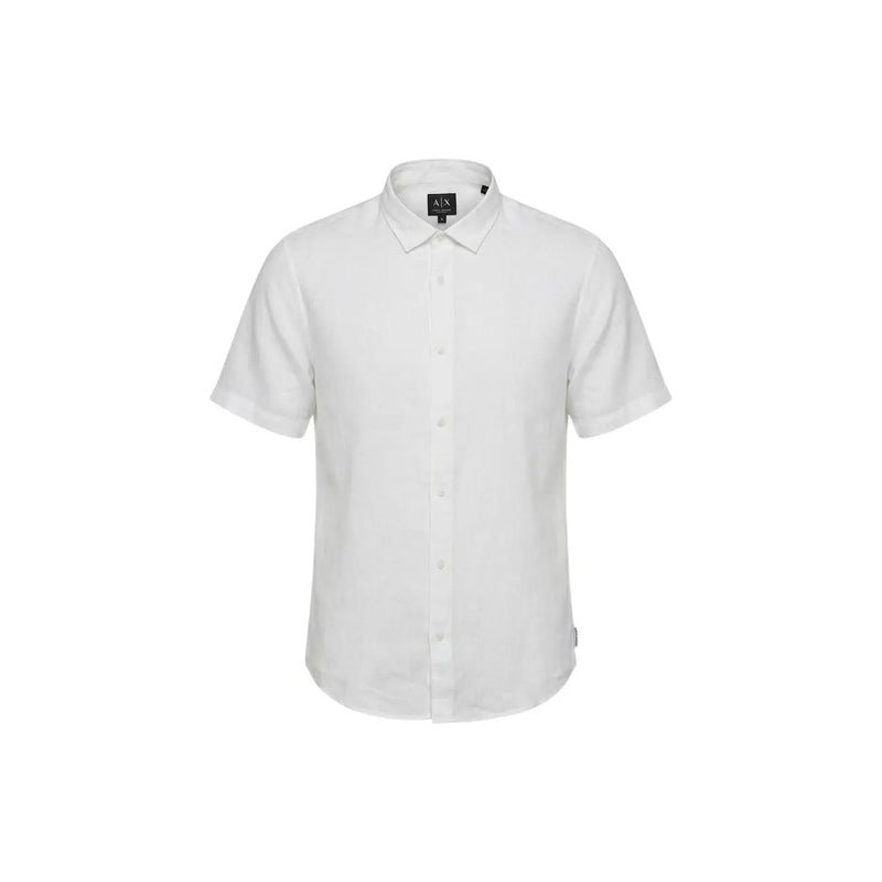 Armani Exchange men shirt white short-sleeved button-down with classic collar and subtle texture featuring logo label