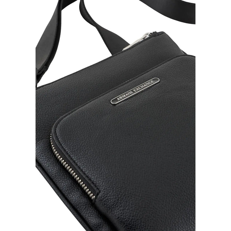 Armani Exchange Sac bandoulière homme en cuir noir texturé avec fermeture éclair argentée et plaque de marque, en polyester, dimensions 21 x 22 x 3 cm.