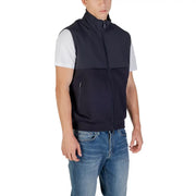 Armani Exchange men sleeveless zip sweatshirt in navy blue cotton with white shoulder panels and front zipper pocket