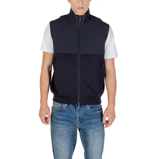Armani Exchange Sweat-shirt sans manches zippé pour homme en coton bleu marine, col montant et deux poches latérales