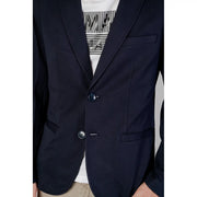 Navy blue armani exchange men spring summer long blazer with two buttons and front flap pockets