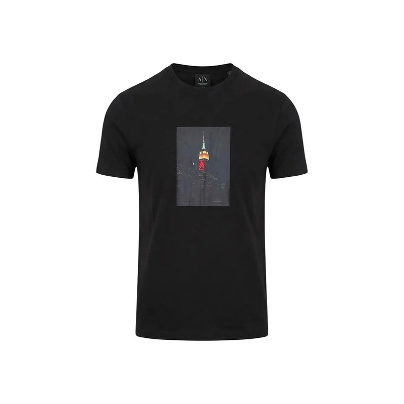 Armani Exchange men black t-shirt featuring a rectangular night view graphic of the Empire State Building
