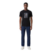 Armani Exchange men black short-sleeved t-shirt with rectangular graphic print featuring red and gold accents