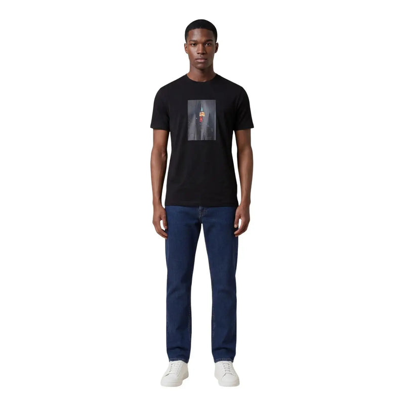 Armani Exchange men black short-sleeved t-shirt with rectangular graphic print featuring red and gold accents