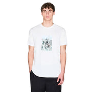 Armani Exchange T-shirt noir en coton pour homme, col rond, taille M, avec imprimé graphique blanc représentant des bâtiments de la ville et un logo.