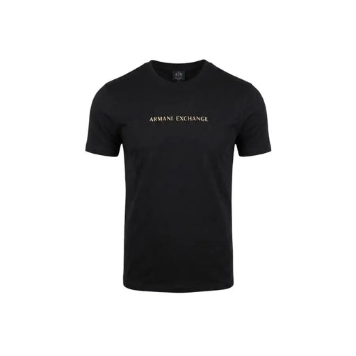 Armani Exchange T-shirt noir en coton pour homme, col rond, manches courtes et logo brodé doré sur la poitrine