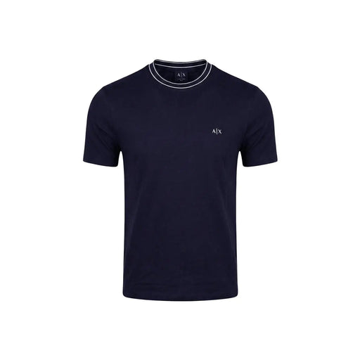Navy blue Armani Exchange men t-shirt with white trim and subtle logo embroidery in a cotton blend fabric