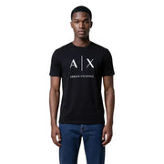 Armani Exchange hommes t-shirt en coton noir avec logo Axe blanc et nom de la marque imprimés sur la poitrine