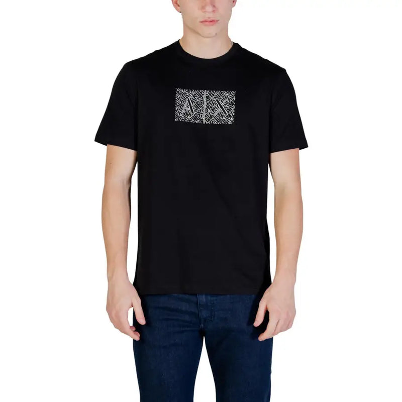 Armani Exchange t-shirt noir à manches courtes pour homme t-shirt avec logo géométrique blanc imprimé sur la poitrine, coton décontracté top