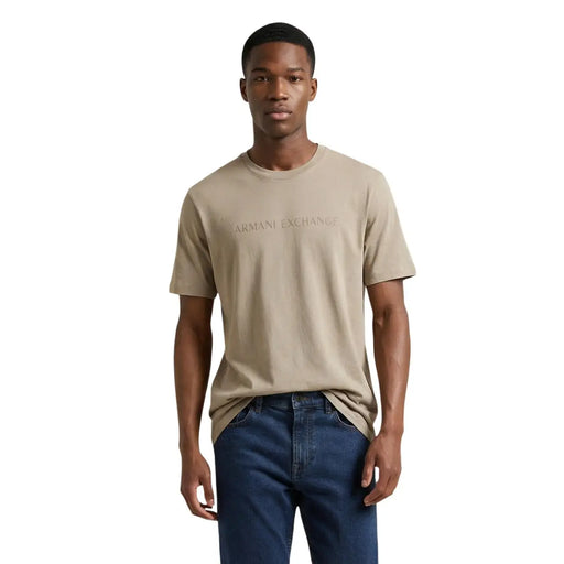 Beige Armani Exchange men t shirt with subtle logo print made of 100% cotton suitable for casual wear