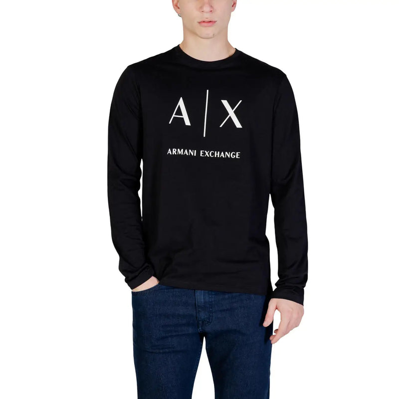 Black armani exchange long sleeved cotton t shirt with white a x logo and armani exchange text on the chest