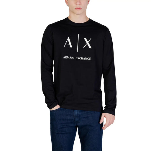 Black armani exchange long sleeved cotton t shirt with white a x logo and armani exchange text on the chest