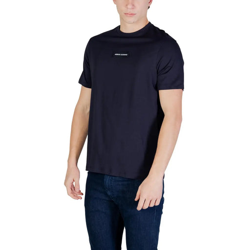 Black Armani Exchange men short-sleeved t-shirt with subtle logo patch on chest in soft cotton material
