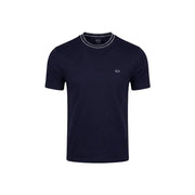bleu marine Armani Exchange hommes t-shirt avec des bordures blanches et une broderie discrète du logo dans un tissu en mélange de coton