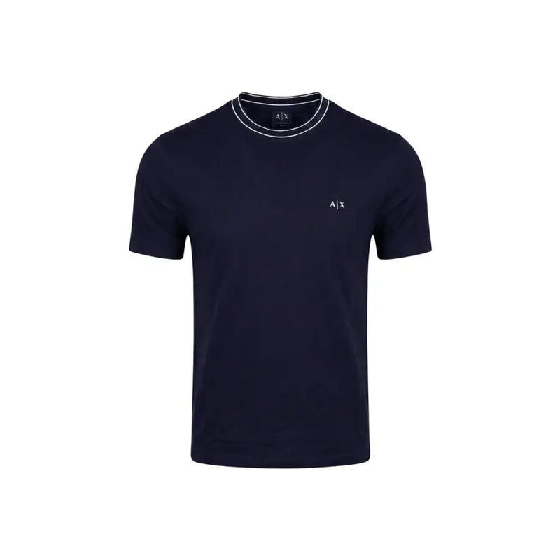 bleu marine Armani Exchange hommes t-shirt avec des bordures blanches et une broderie discrète du logo dans un tissu en mélange de coton