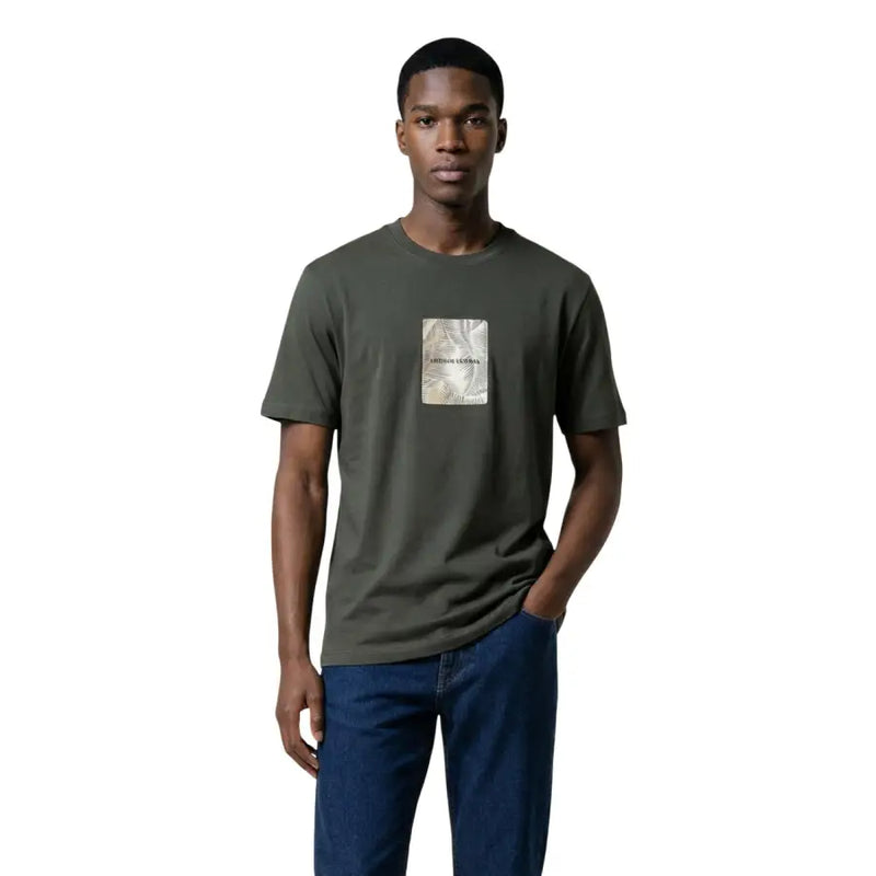 Armani Exchange T-shirt homme vert en coton, col rond, imprimé graphique carré vert olive sur la poitrine