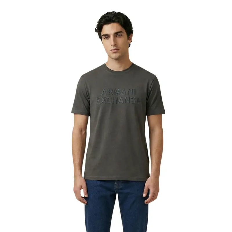 Armani Exchange T-shirt homme vert olive foncé en coton, col rond, avec logo discret en relief sur la poitrine