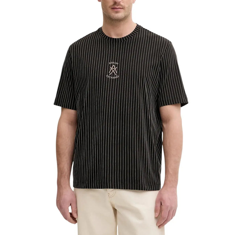 Armani Exchange men t-shirt black pinstripe short-sleeve with white vertical stripes and embroidered chest logo
