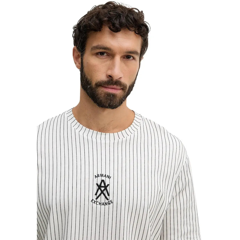 Armani Exchange men t-shirt white long sleeve with black vertical stripes and black embroidered logo on chest