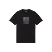 Armani Exchange men black short-sleeved t-shirt with a rectangular translucent gray graphic patch on the chest
