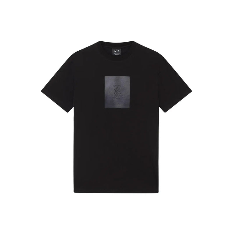 Armani Exchange men black short-sleeved t-shirt with a rectangular translucent gray graphic patch on the chest