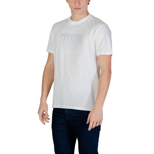 Armani Exchange men white cotton t-shirt with a subtle gray grid of repeating Chanel text across the chest