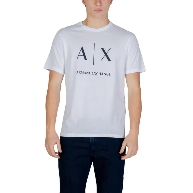 Armani Exchange T-shirt homme blanc en coton avec logo Axe noir et nom de la marque imprimés sur la poitrine