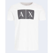 Armani Exchange hommes t-shirt en blanc avec un logo géométrique noir audacieux et des lettres blanches sur la poitrine
