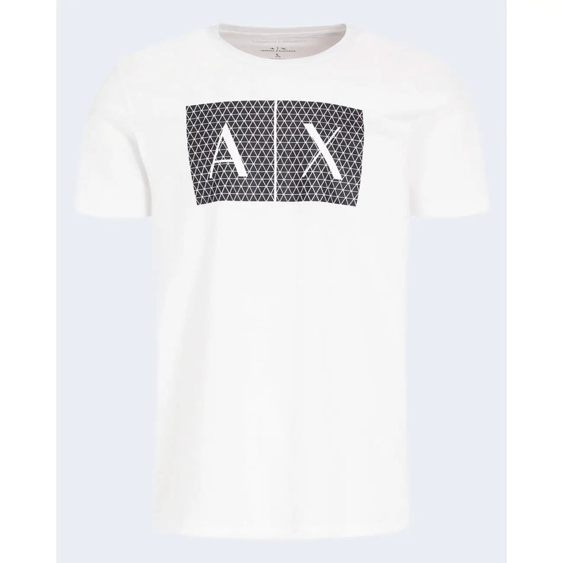 Armani Exchange hommes t-shirt en blanc avec un logo géométrique noir audacieux et des lettres blanches sur la poitrine