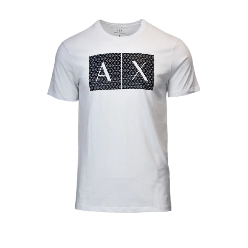 Coton blanc Armani Exchange hommes t-shirt orné d'un logo rectangulaire noir audacieux avec des lettres blanches en forme de hache et un motif de grille
